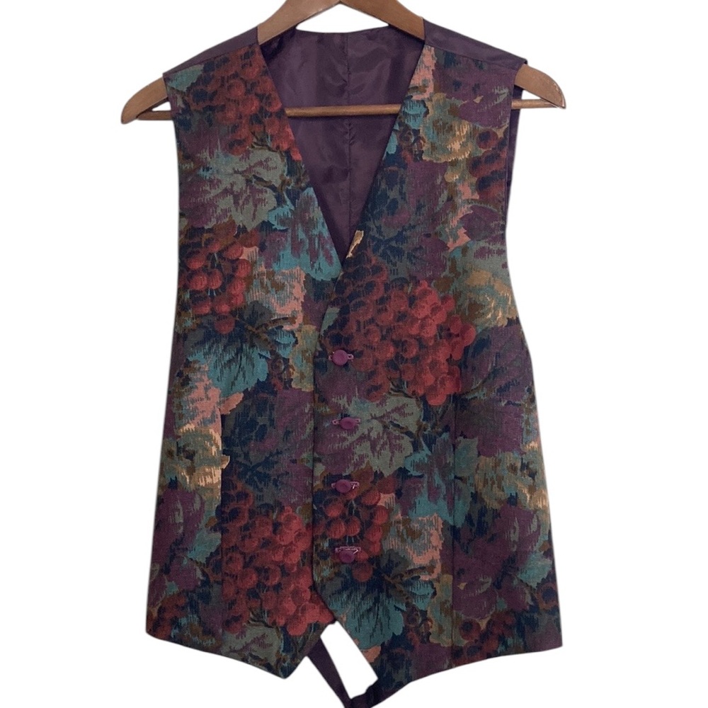 Handmade Vest Mens Medium Purple Red Grapevine 90s Cocktail Waiter Waistcoat